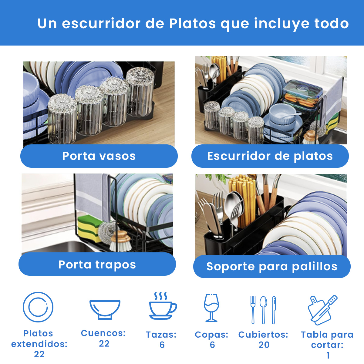 Escurridor de platos, 2 niveles de acero inoxidable, Escurridor de trastes elegante para cocina, con soporte para tabla de cortar.