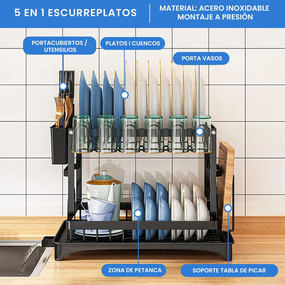 Escurridor de platos, 2 niveles de acero inoxidable, Escurridor de trastes elegante para cocina, con soporte para tabla de cortar.