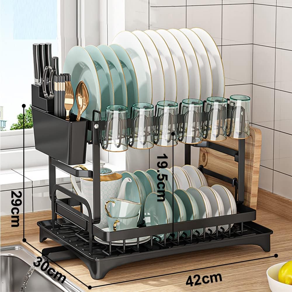 Escurridor de platos, 2 niveles de acero inoxidable, Escurridor de trastes elegante para cocina, con soporte para tabla de cortar.