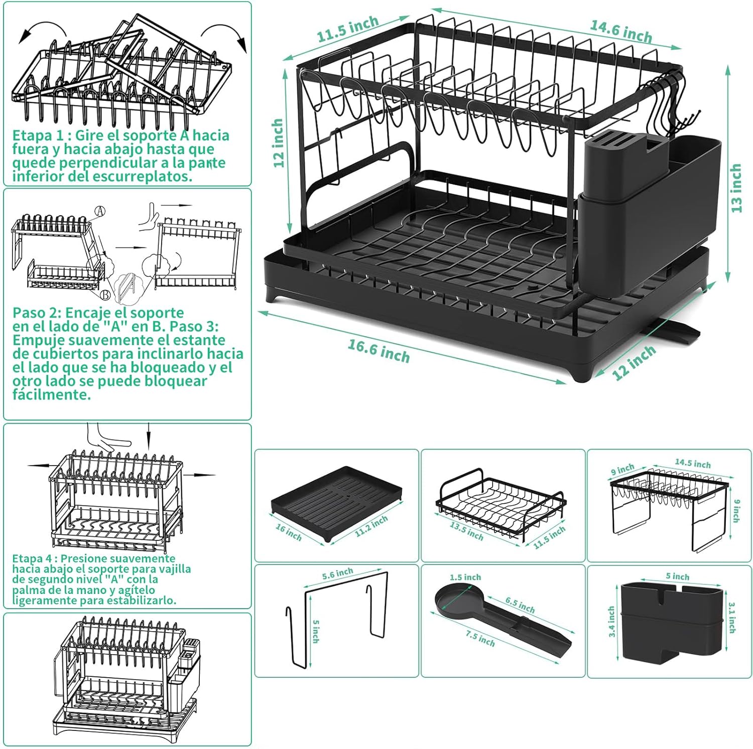 Escurridor de platos, 2 niveles de acero inoxidable, Escurridor de trastes elegante para cocina, con soporte para tabla de cortar.