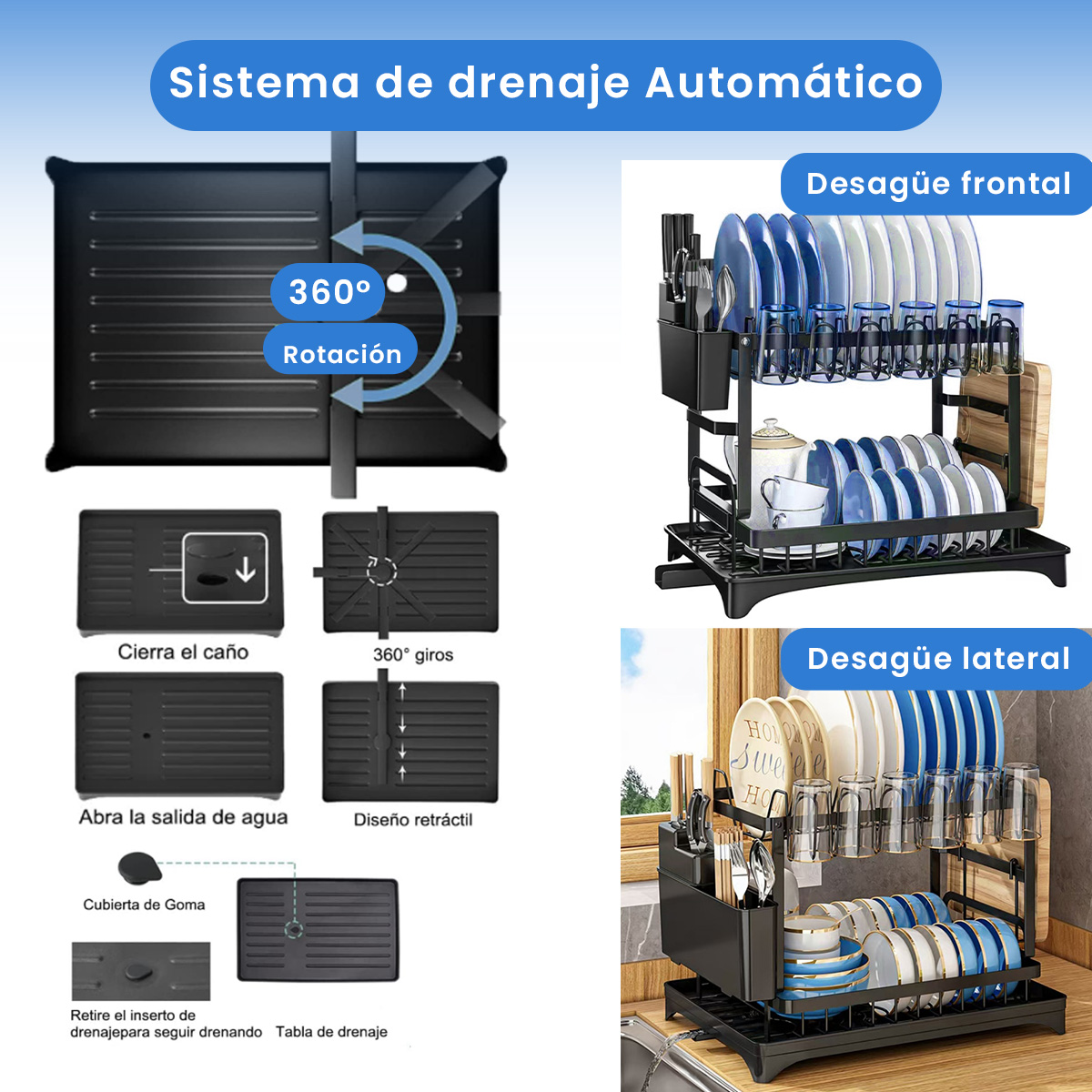 Escurridor de platos, 2 niveles de acero inoxidable, Escurridor de trastes elegante para cocina, con soporte para tabla de cortar.