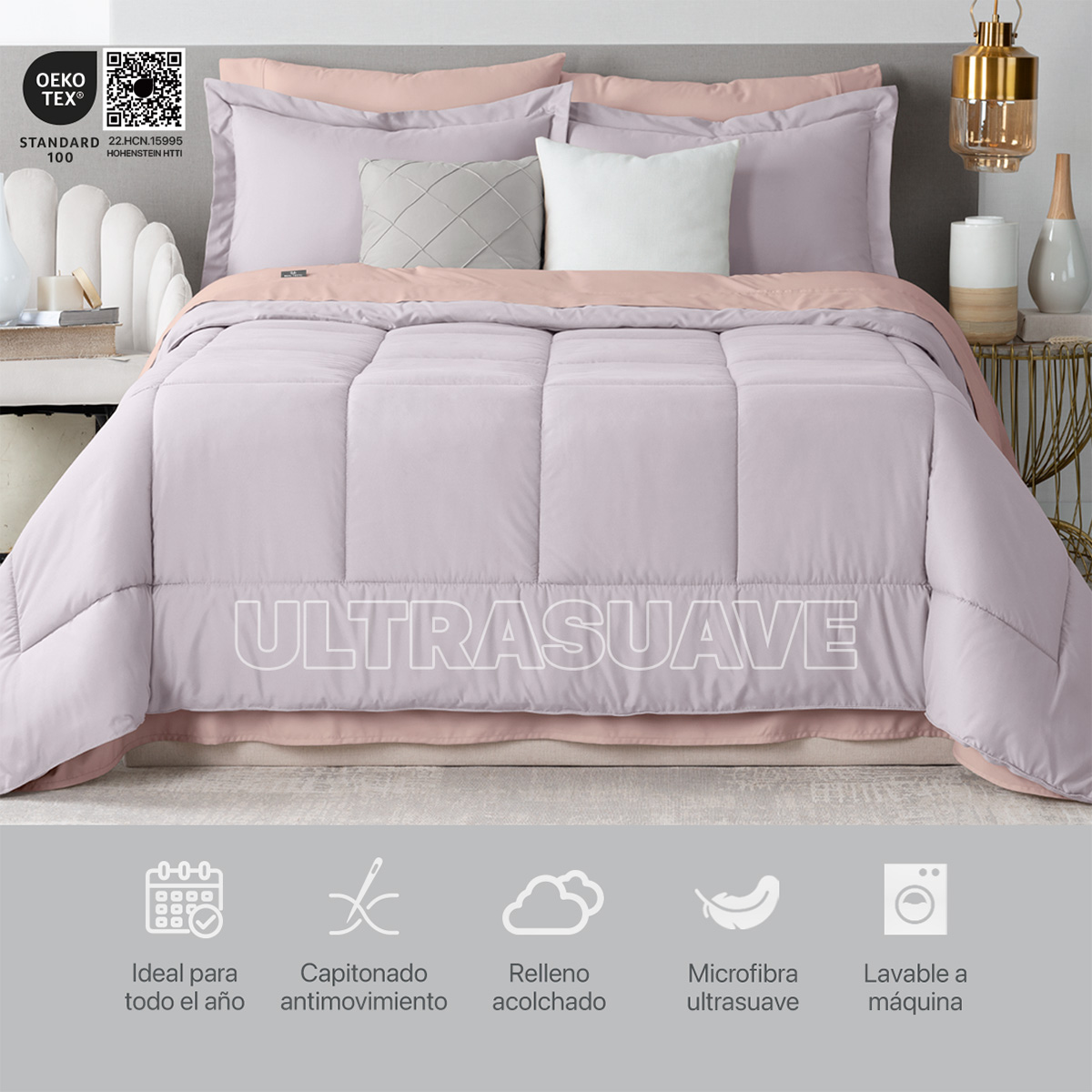 Set Edredón Matrimonial con Fundas y Sábanas 7 Pzas Lavanda / Palo de Rosa Real Textil.