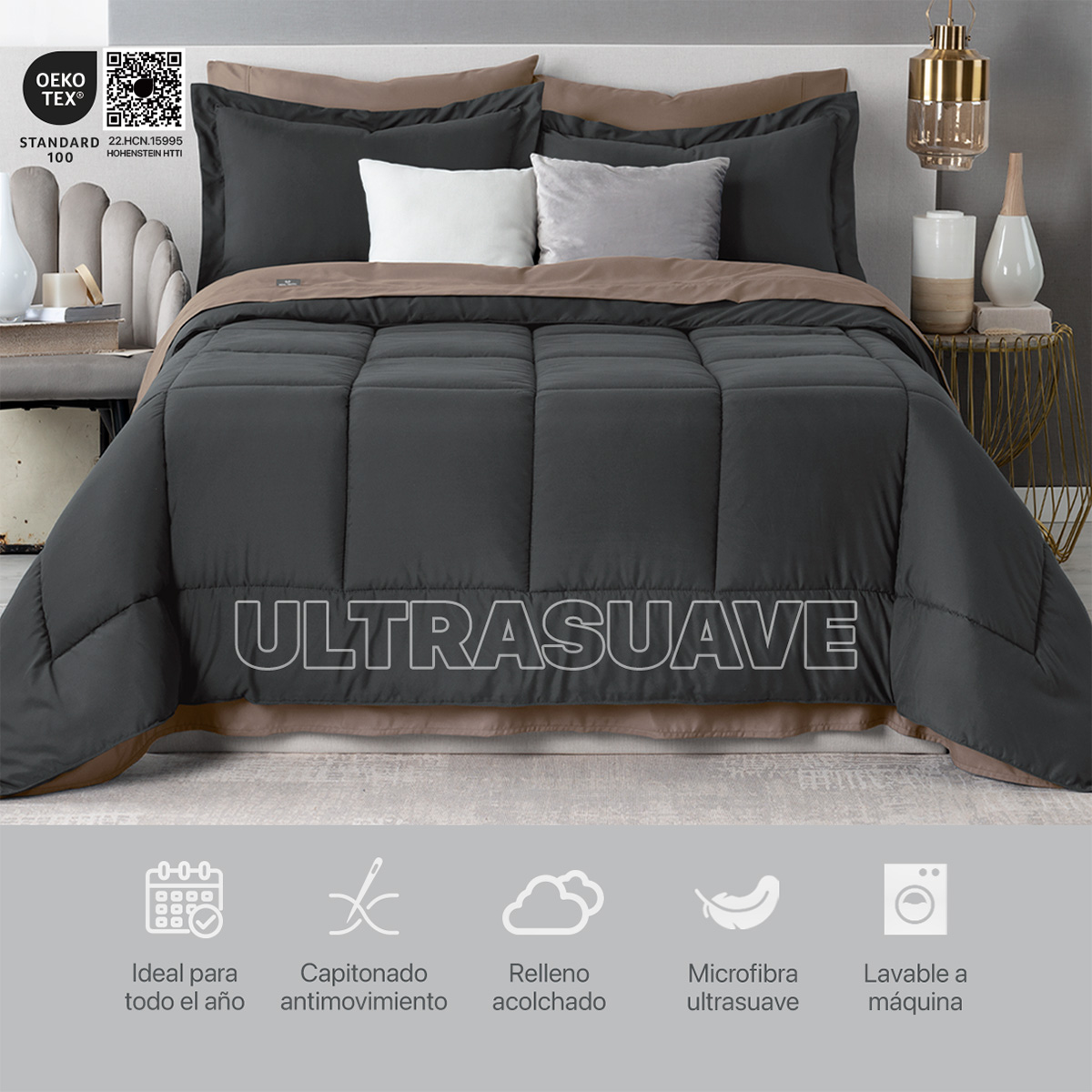 Set Edredón King Size con Fundas y Sábanas 7 Pzas Grafito / Café Claro Real Textil.