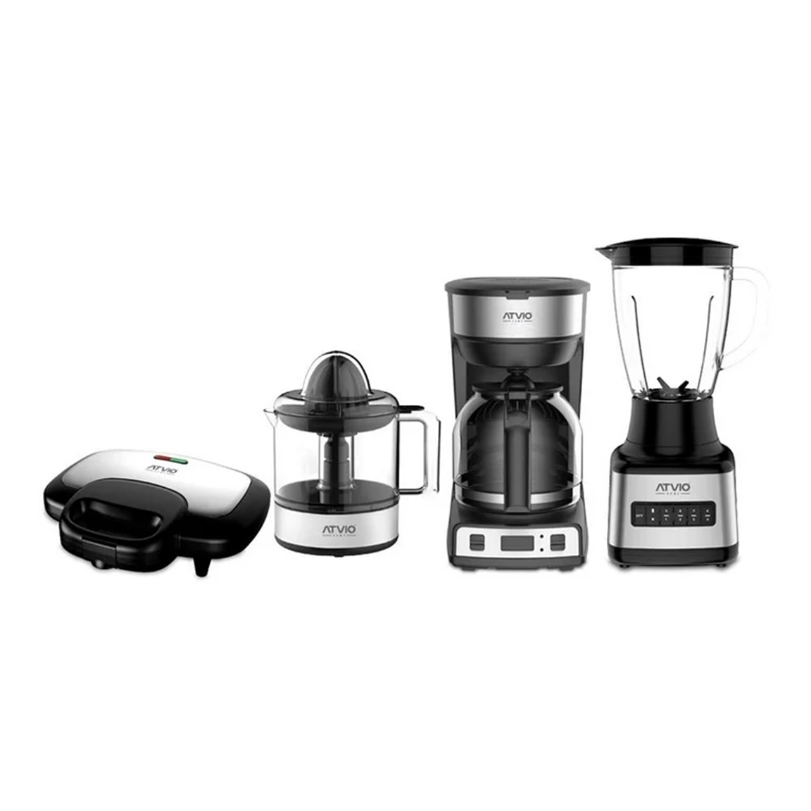 Combo de electrodomésticos Atvio 4 piezas licuadora,cafetera,extractor y sandwichera negro con plata