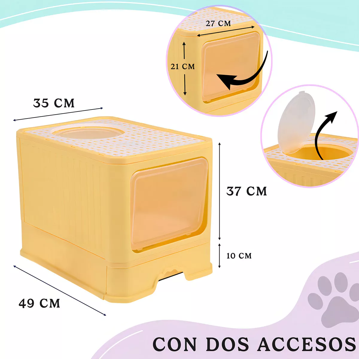 Arenero Bandeja Sanitaria Grande Gato Cerrado Filtro Y Pala Amarillo