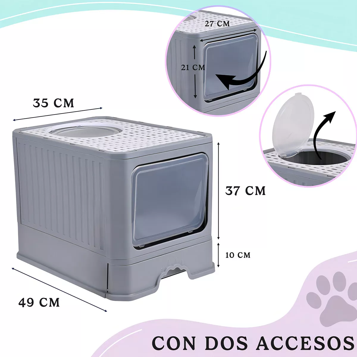 Arenero Bandeja Sanitaria Grande Gato Cerrado Filtro Y Pala Gris Oscuro