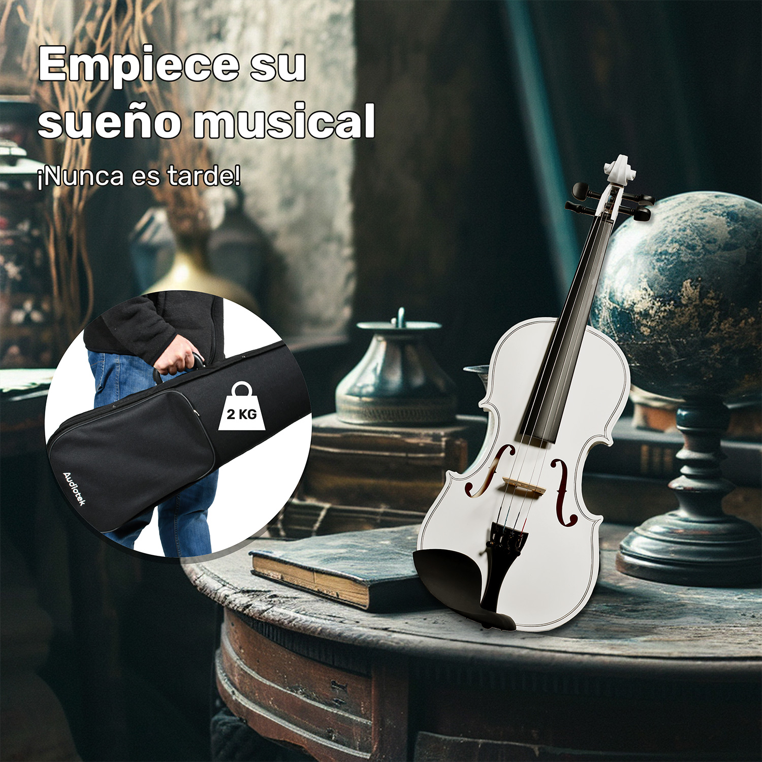 Violin Profesional  4/4 Principiante Blanco Incluye Cuerda Brea Estuche