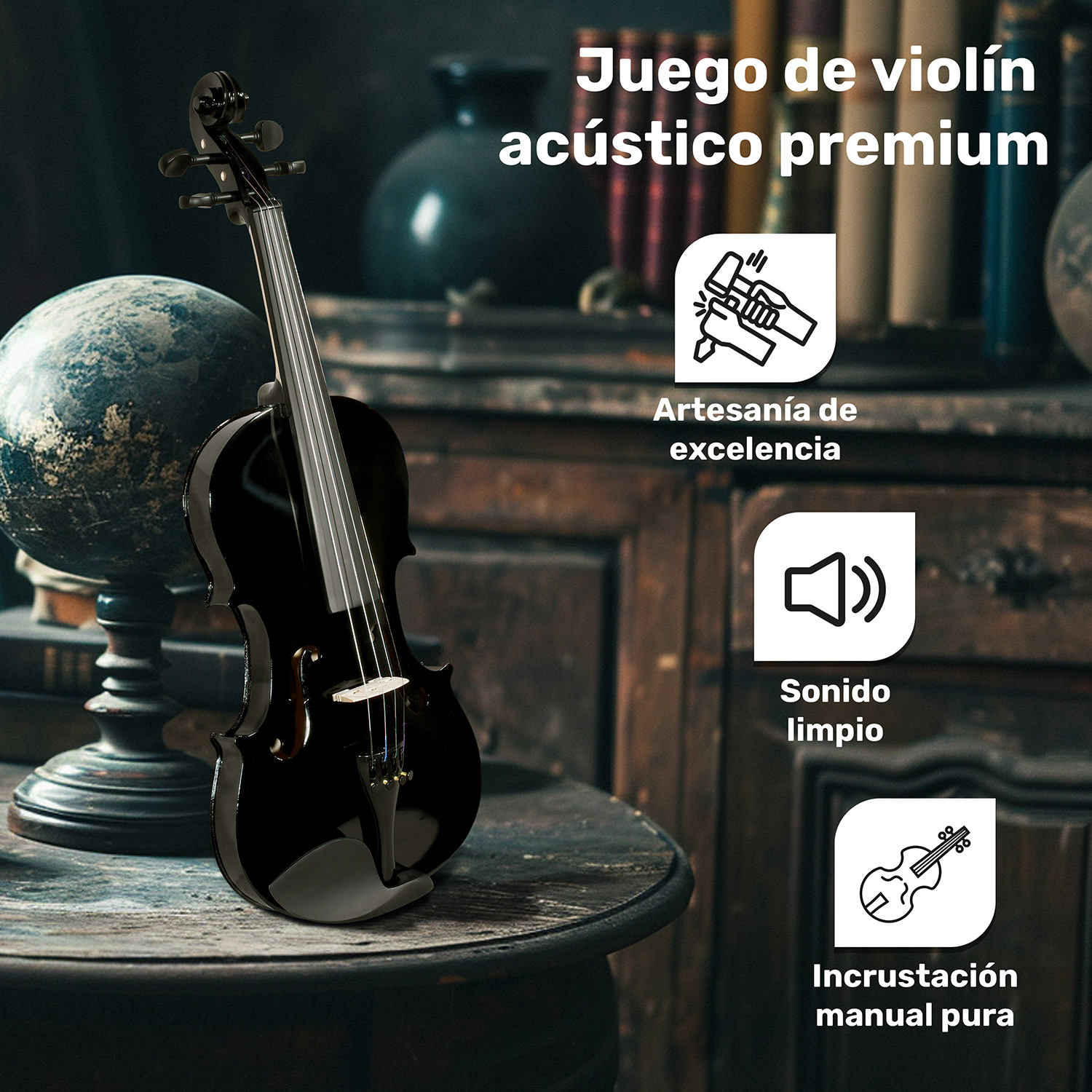 Violi­n Acustico 4/4 Profesional Madera Fina Negro Estudiante Musica