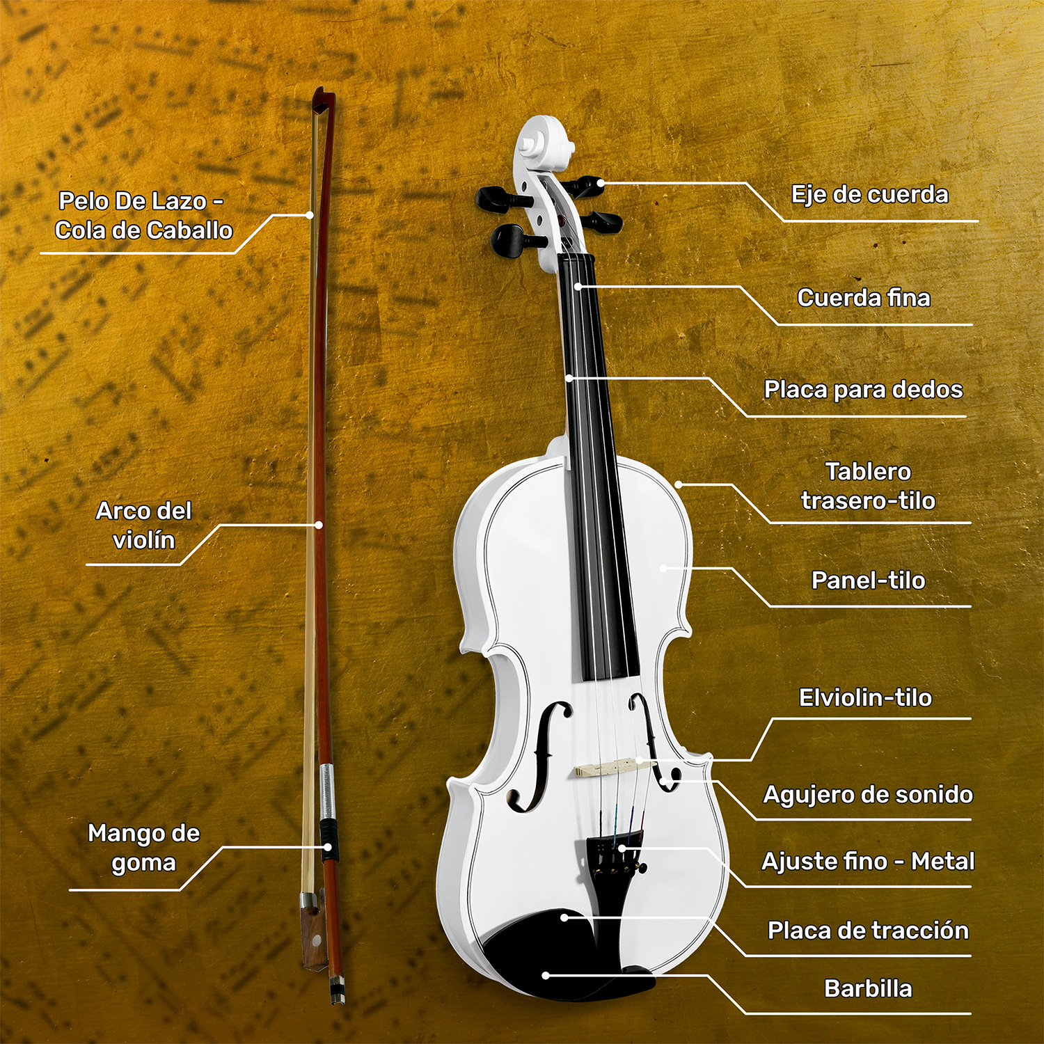 Violin Profesional  4/4 Principiante Blanco Incluye Cuerda Brea Estuche