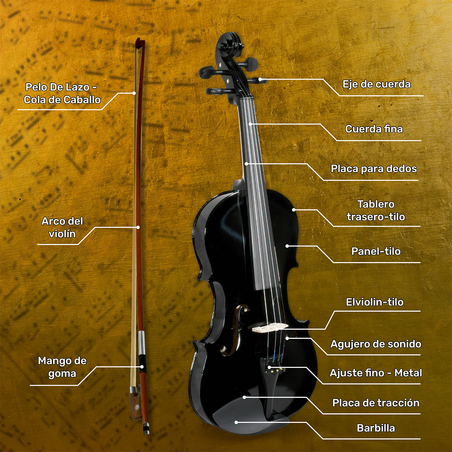 Violi­n Acustico 4/4 Profesional Madera Fina Negro Estudiante Musica