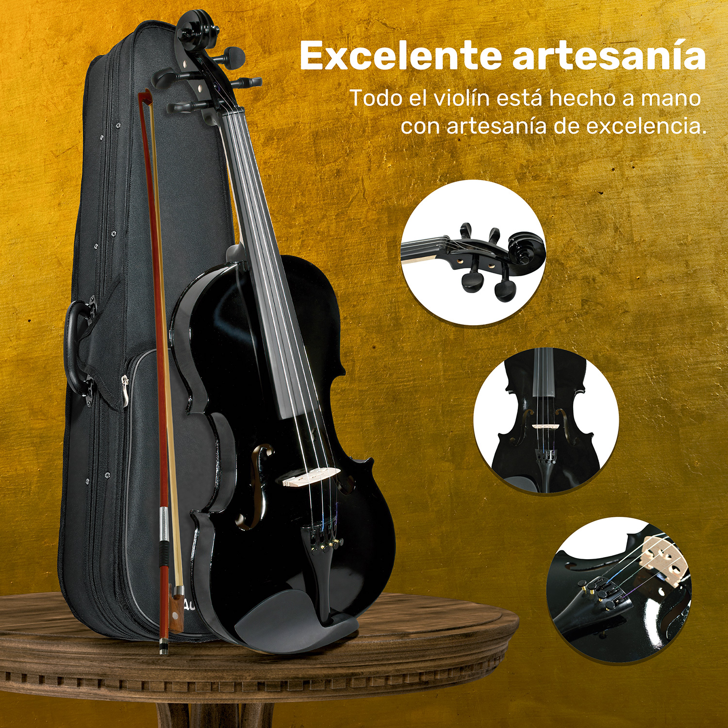 Violi­n Acustico 4/4 Profesional Madera Fina Negro Estudiante Musica