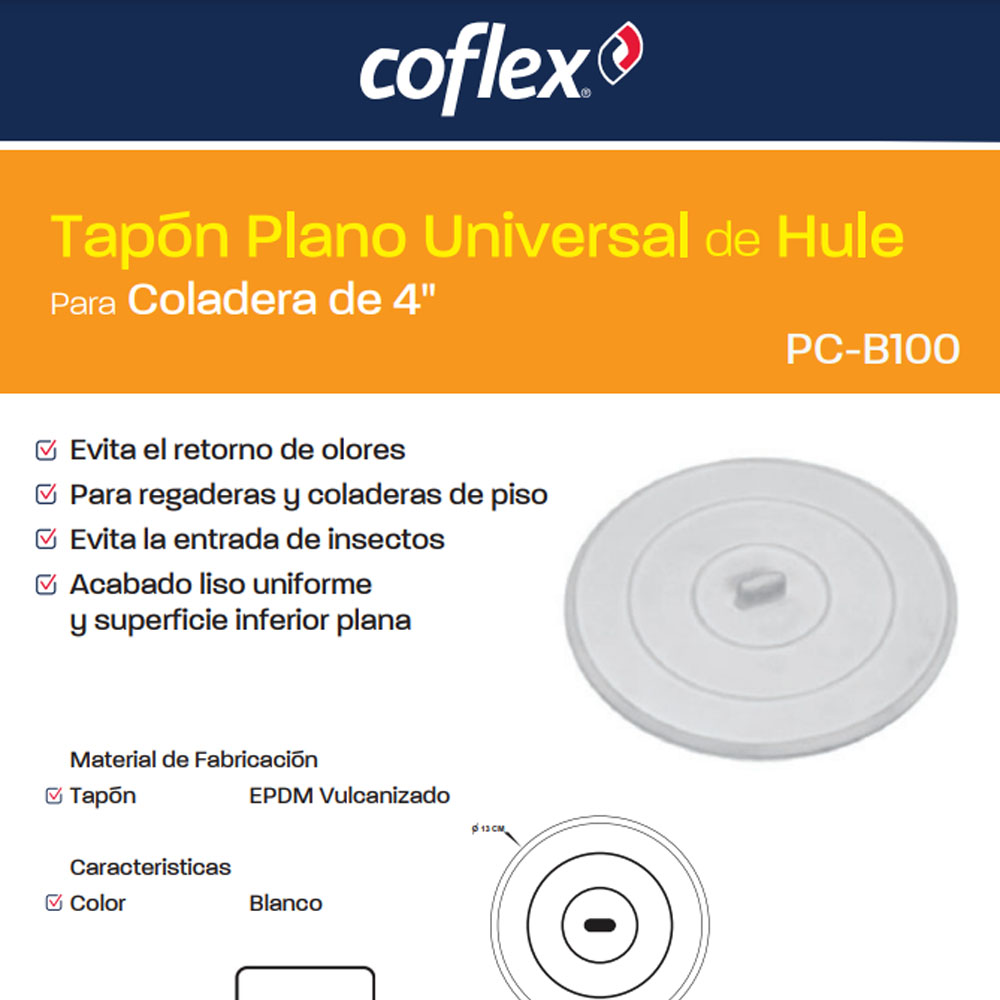 Tapón Plano Universal de Hule Para Coladera de 4" Coflex