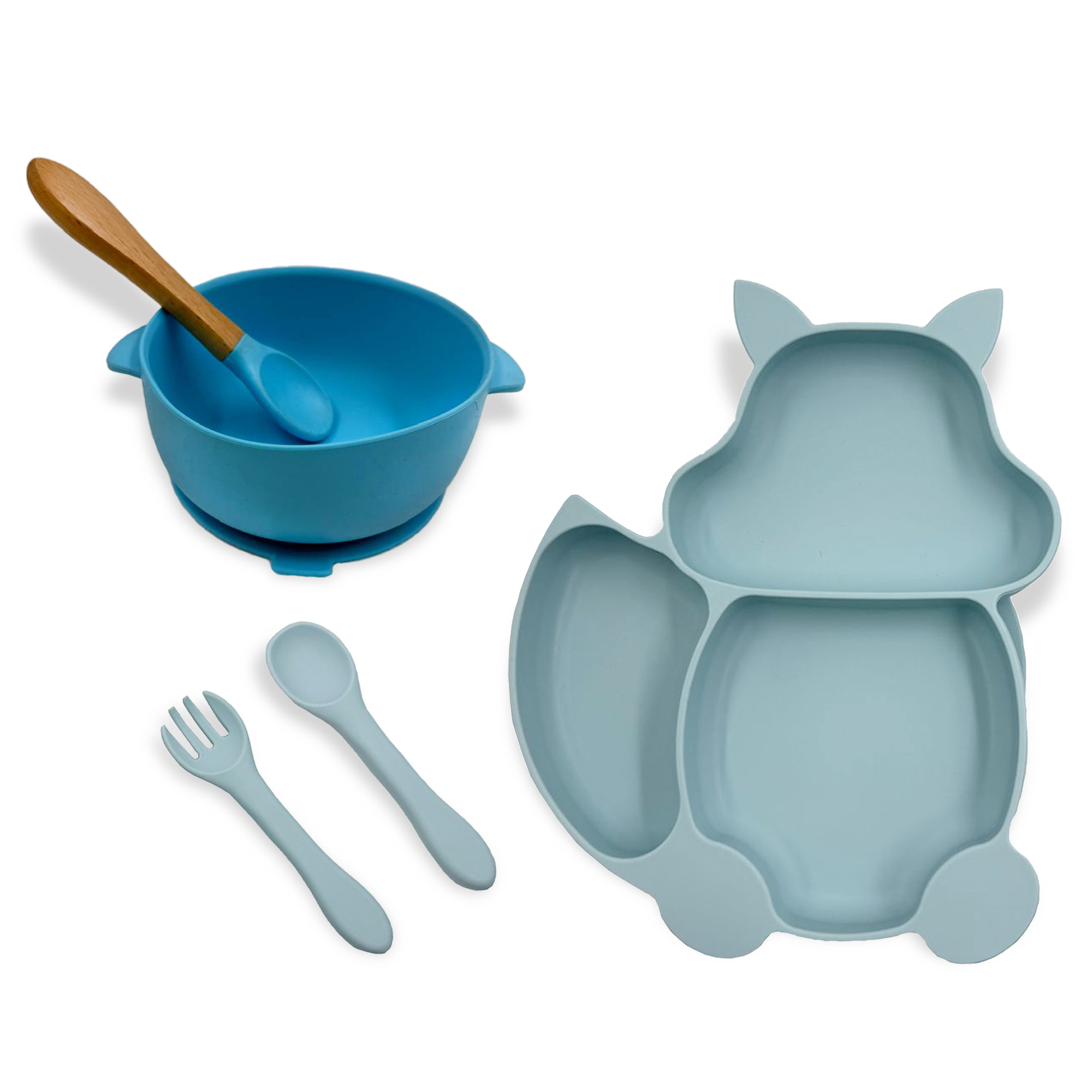 Plato para Bebé de Ardilla Azul con 3 Divisiones, Cubiertos y Plato Hondo