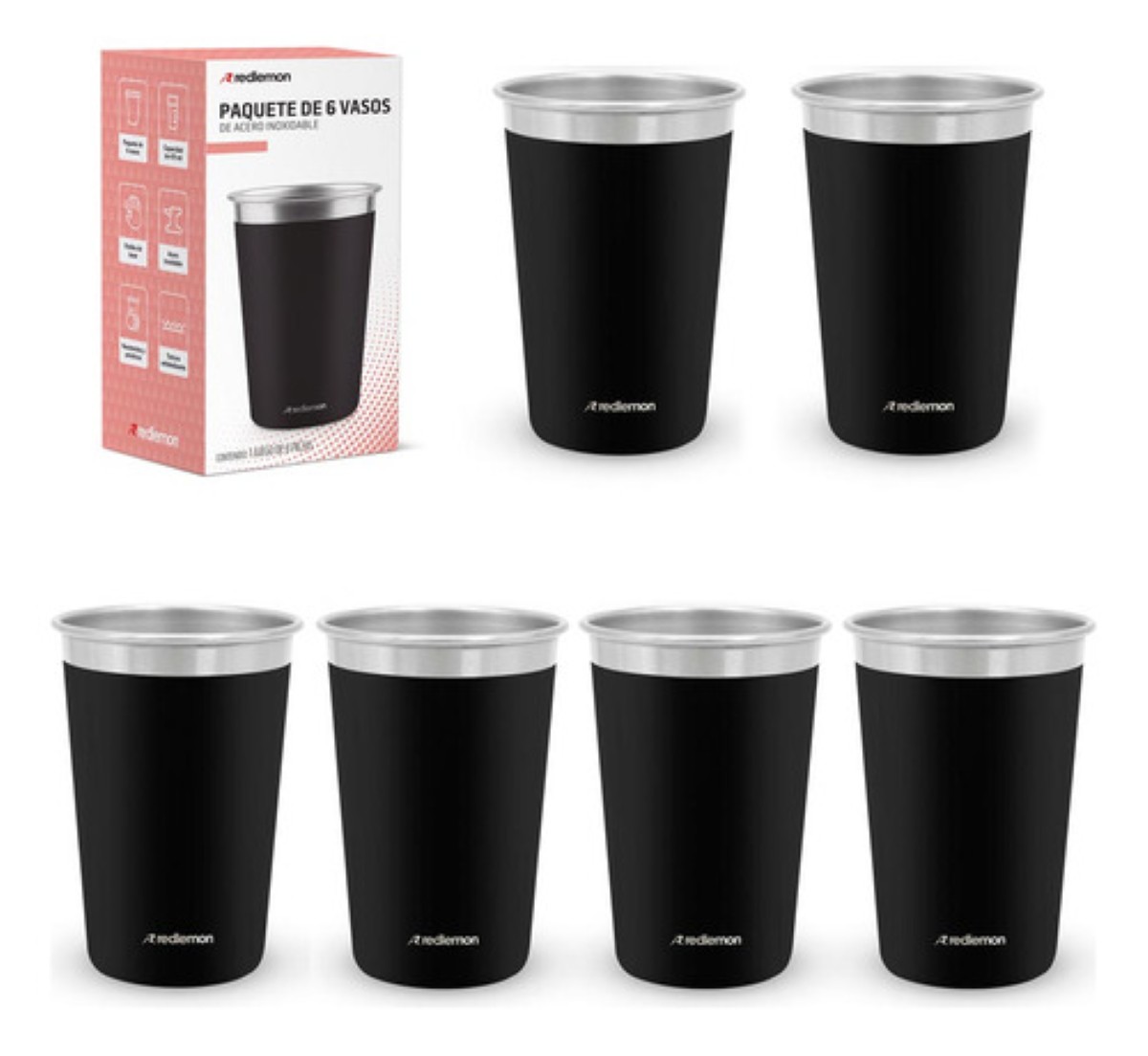 Set de 6 Vasos de Acero Inoxidable y Ecologicos (470 ml) negro mate