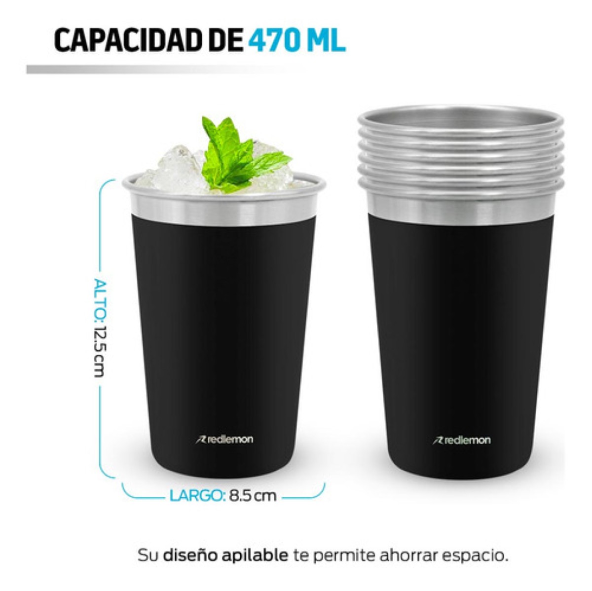Set de 6 Vasos de Acero Inoxidable y Ecologicos (470 ml) negro mate