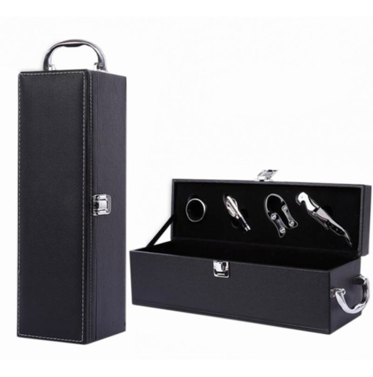 Caja De Regalo Para Un Vino Tinto Con Utensilios De Vino negro