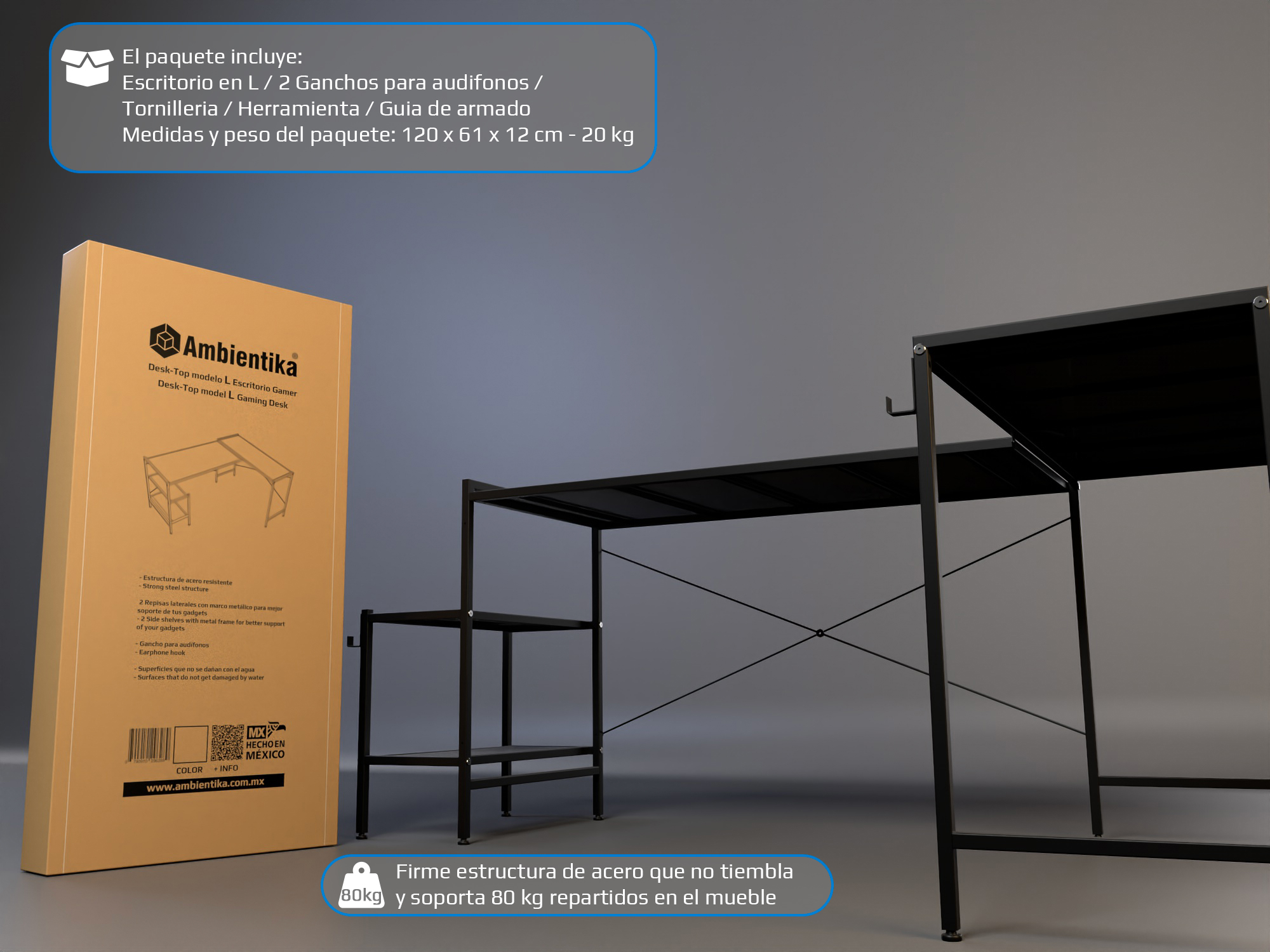 Desk-Top Modelo L Escritorio Gamer marca Ambientika (Blanco)