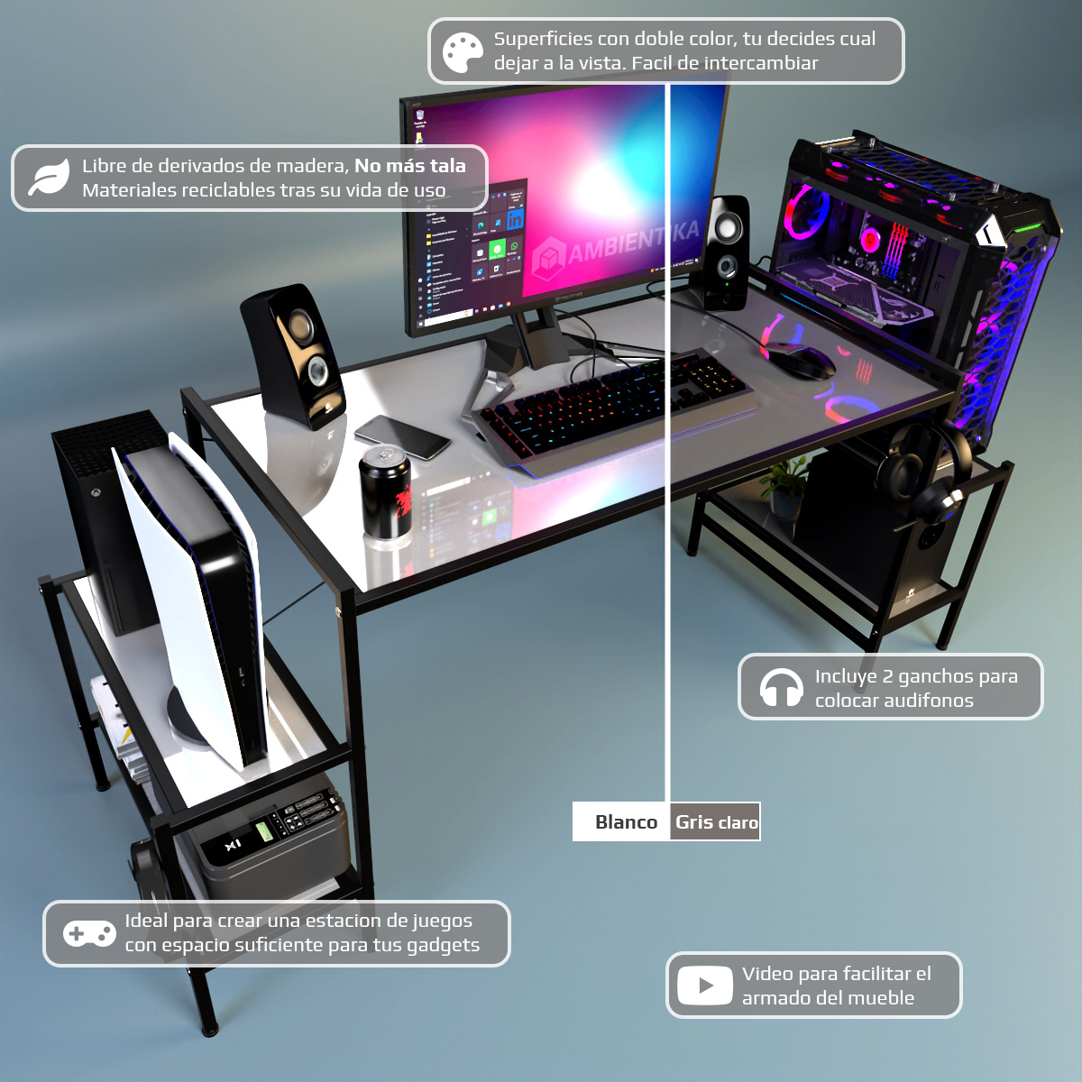 Desk-Top Modelo N Escritorio Gamer marca Ambientika (Blanco)