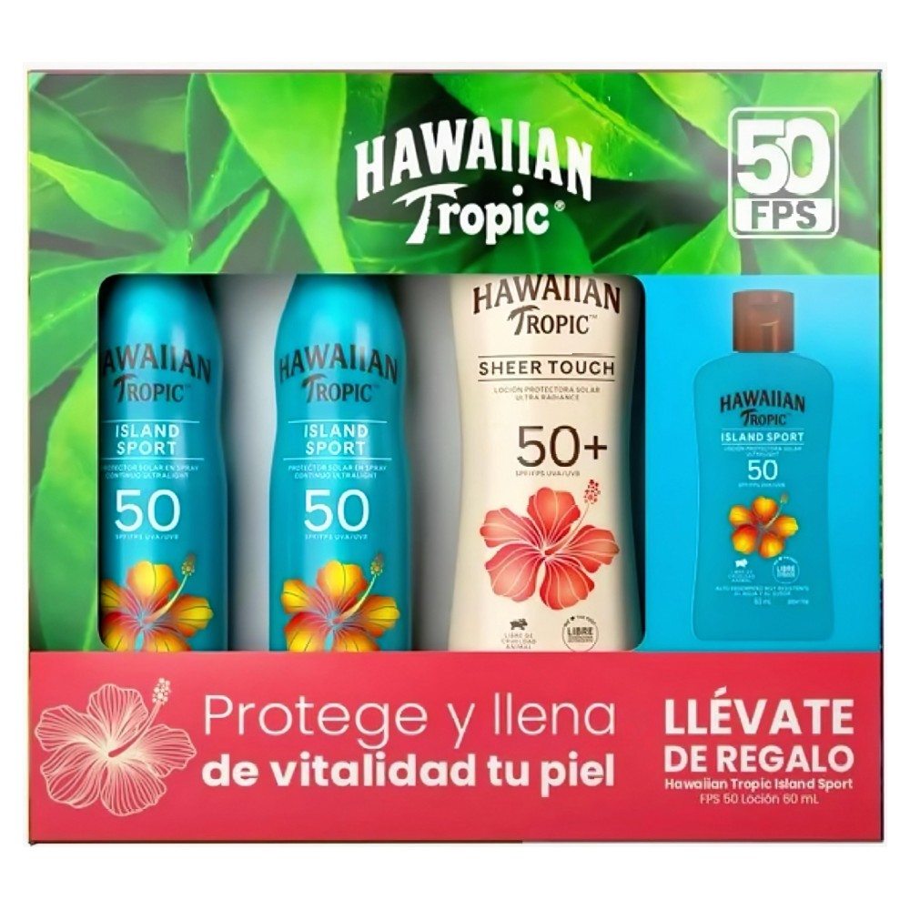 Protector Solar Hawaiian Tropic,  Sheer Touch y Island Sport, 4 piezas