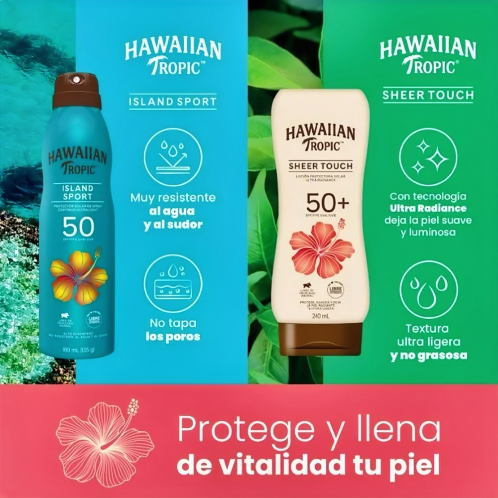 Protector Solar Hawaiian Tropic,  Sheer Touch y Island Sport, 4 piezas