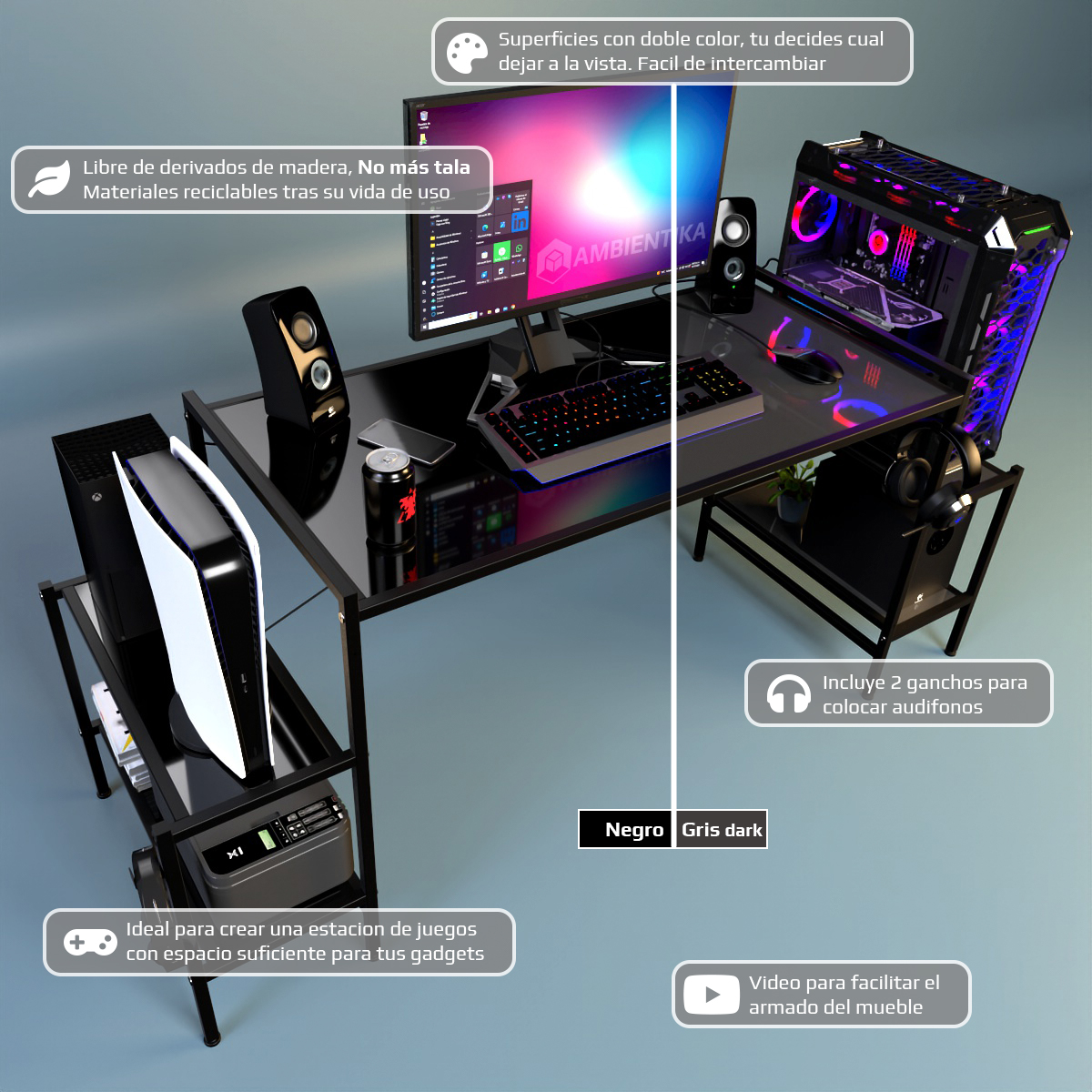 Desk-Top Modelo N Escritorio Gamer marca Ambientika (Negro)