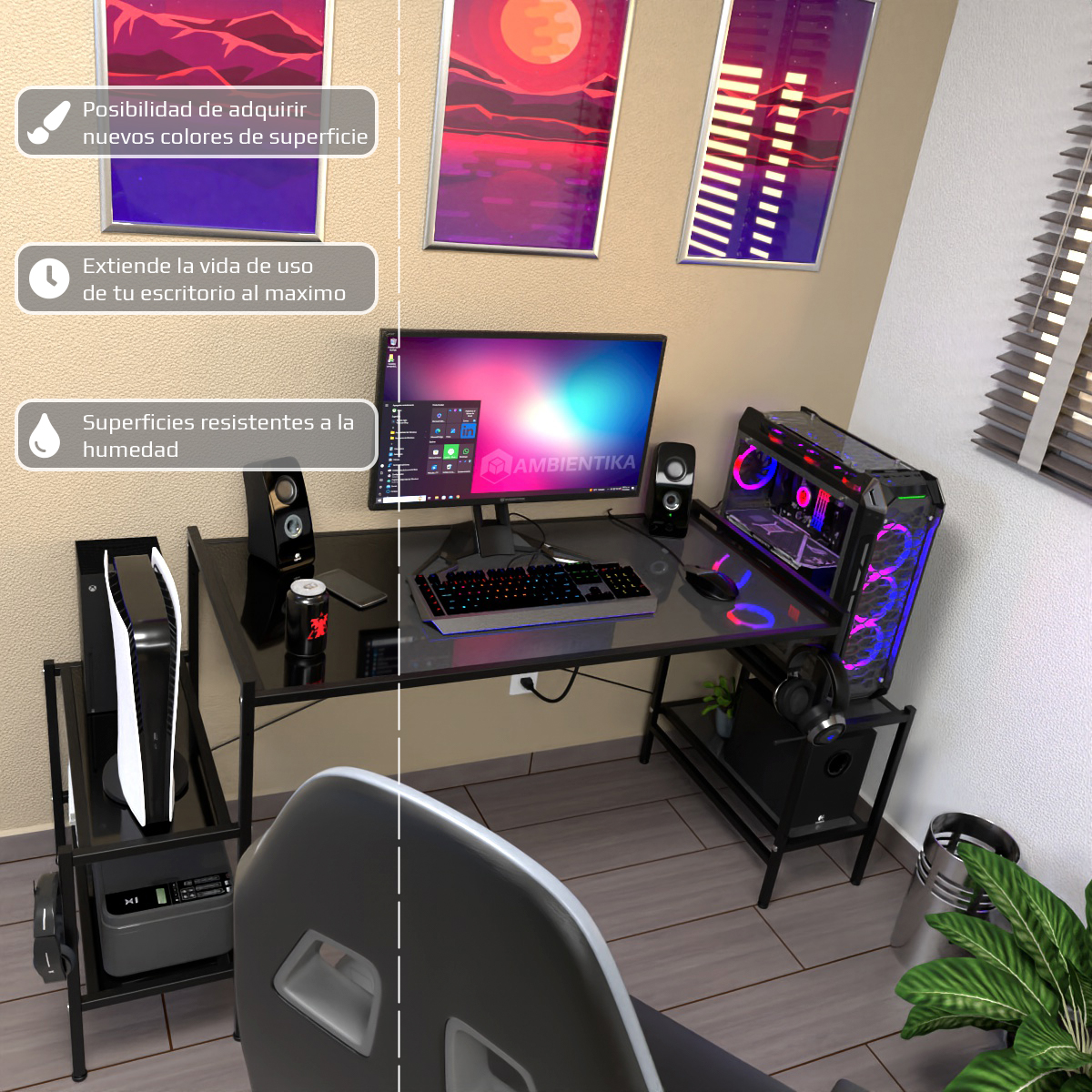 Desk-Top Modelo N Escritorio Gamer marca Ambientika (Negro)