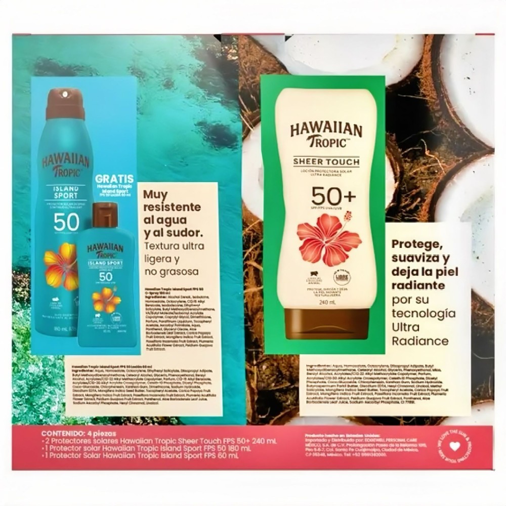 Protector Solar Hawaiian Tropic,  Sheer Touch y Island Sport, 4 piezas