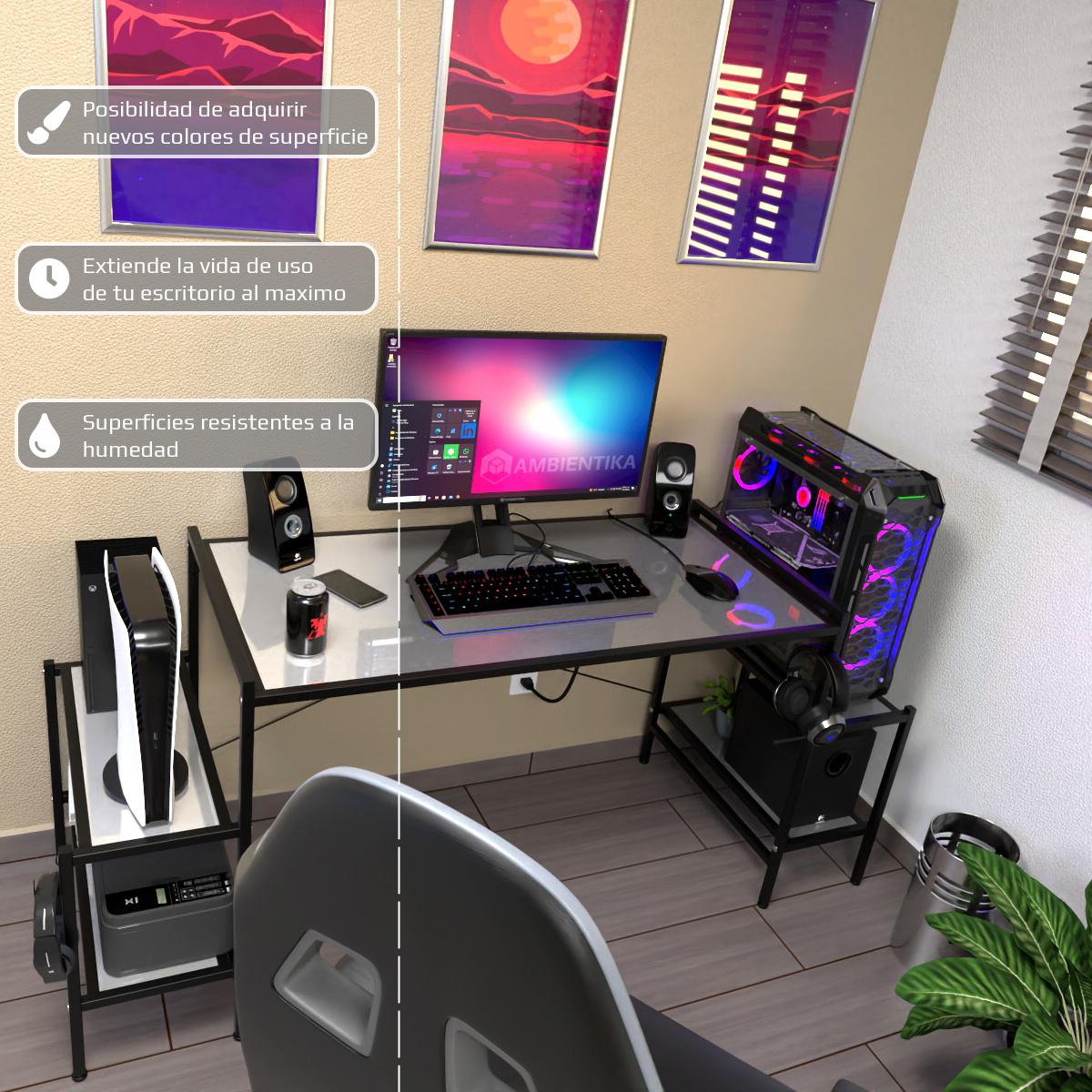 Desk-Top Modelo N Escritorio Gamer marca Ambientika (Blanco)