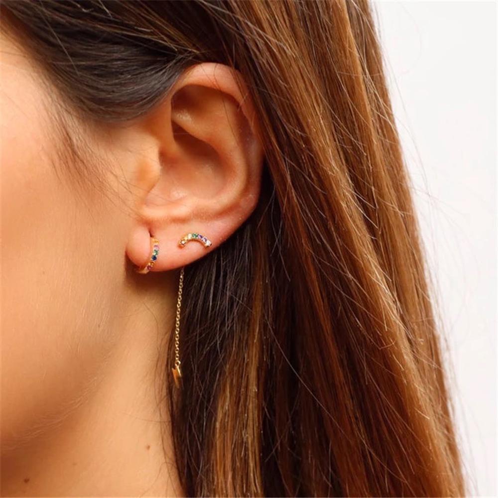 Aretes De Plata 925 Oro 18k Cadena Rayo De Colores Mujer