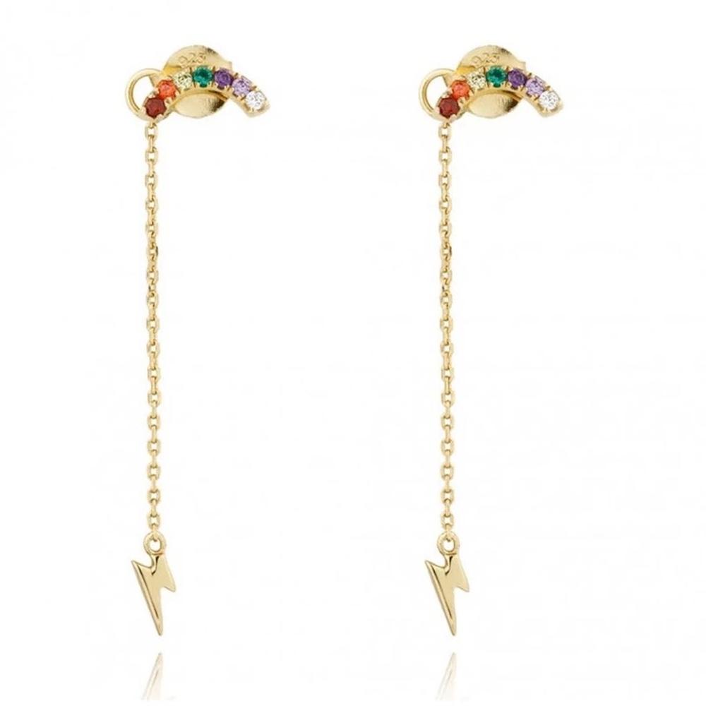 Aretes De Plata 925 Oro 18k Cadena Rayo De Colores Mujer