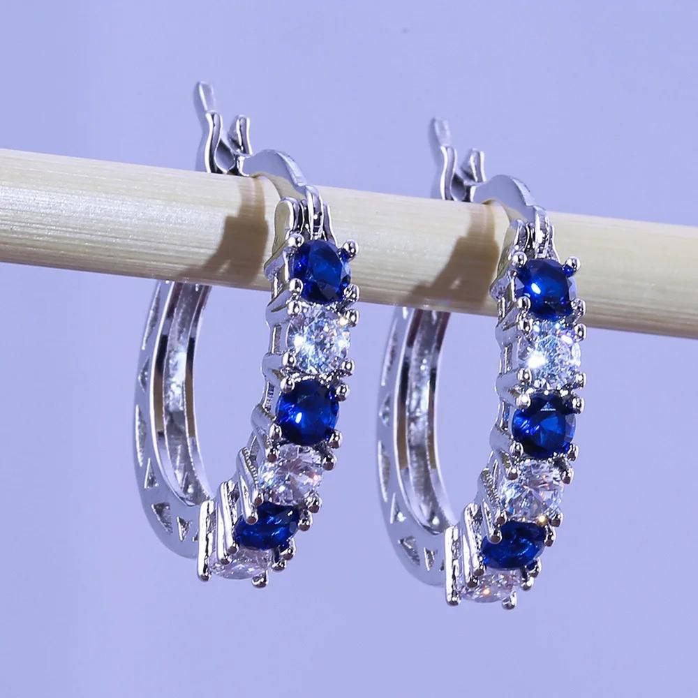 Aretes de Plata 925 Arracadas de Zirconias Azúles Bicolor