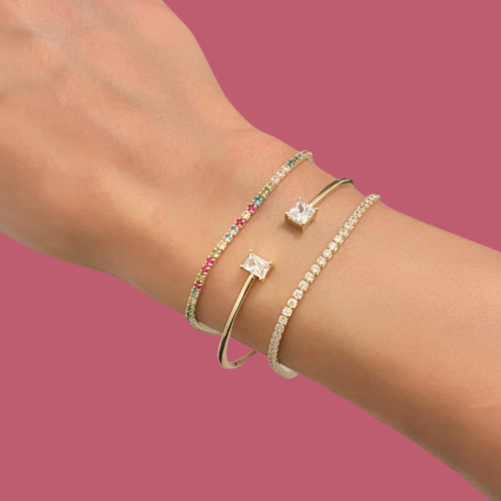 Pulsera de Plata 925 Oro 18k Brazalete Rígido con Zirconias