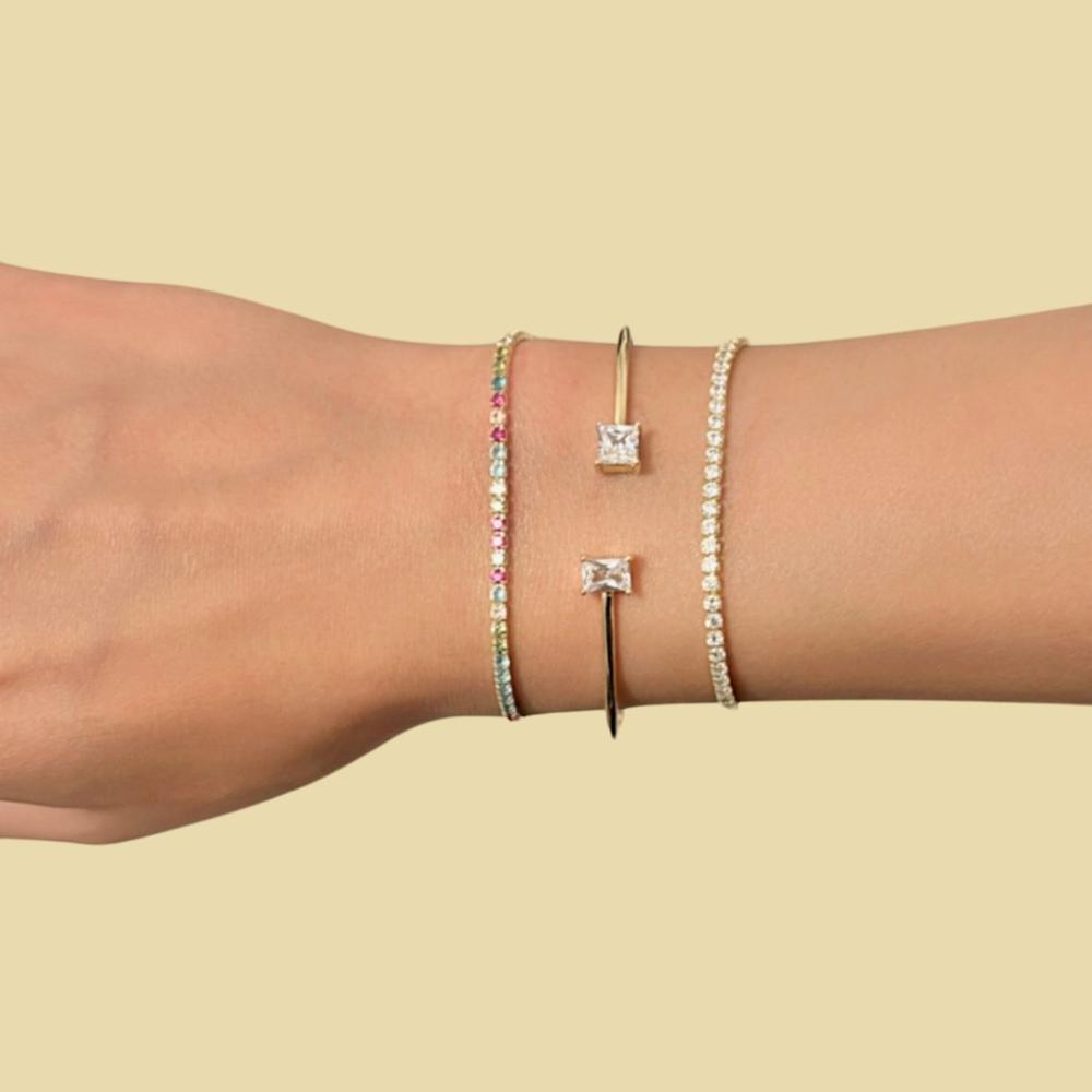 Pulsera de Plata 925 Oro 18k Brazalete Rígido con Zirconias