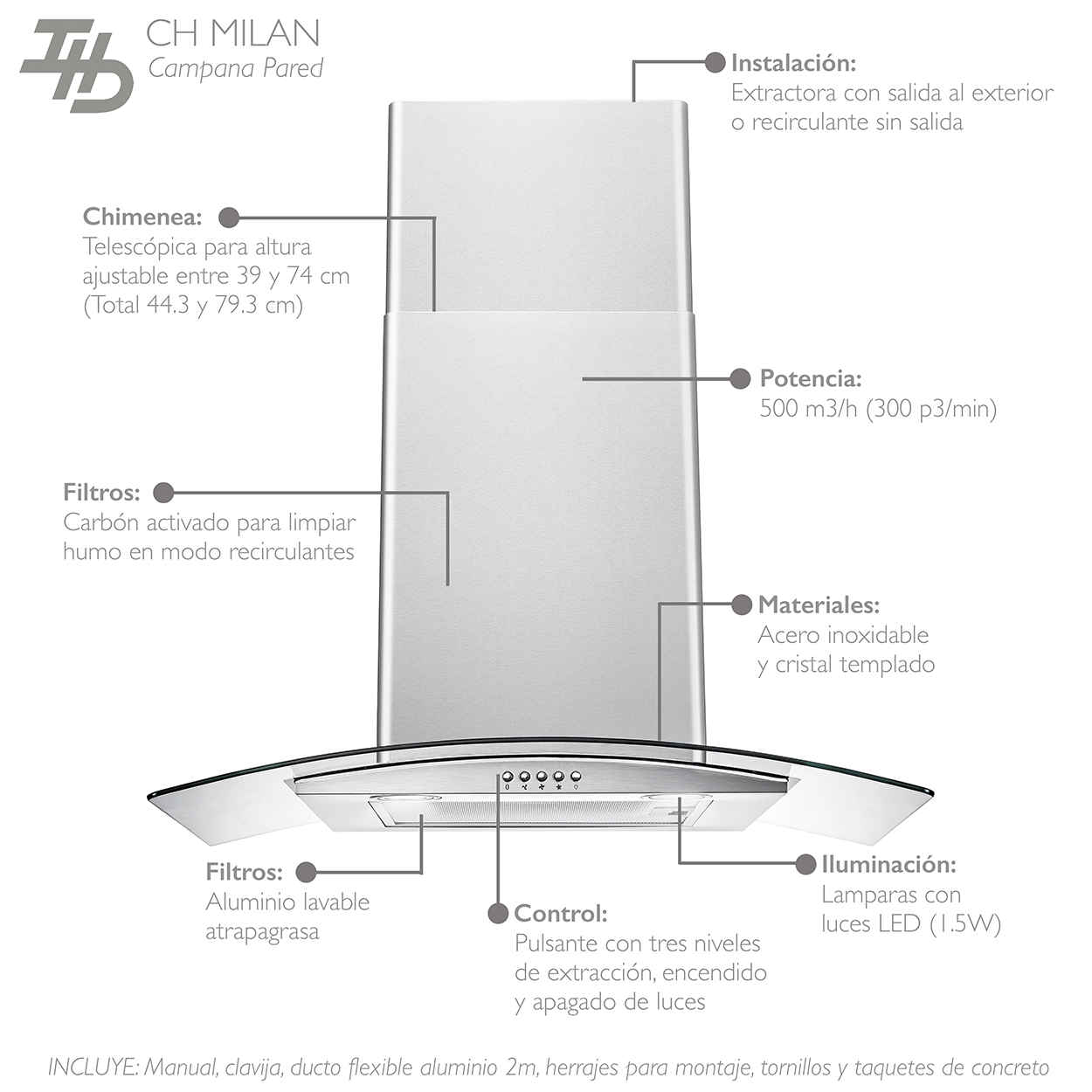 Campana Cocina IHD Modelo CH Milan 30 de 75 Cm (30 pulgadas) En Acero Inox Y Cristal Curvo