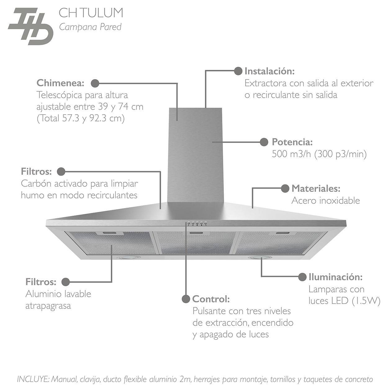 Campana Cocina IHD CH Tulum 90 de 90 Cm Acero Inoxidable Piramidal