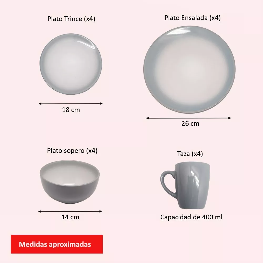  Vajilla Gris 16 piezas de  Cerámica Resistente - Royal Haus