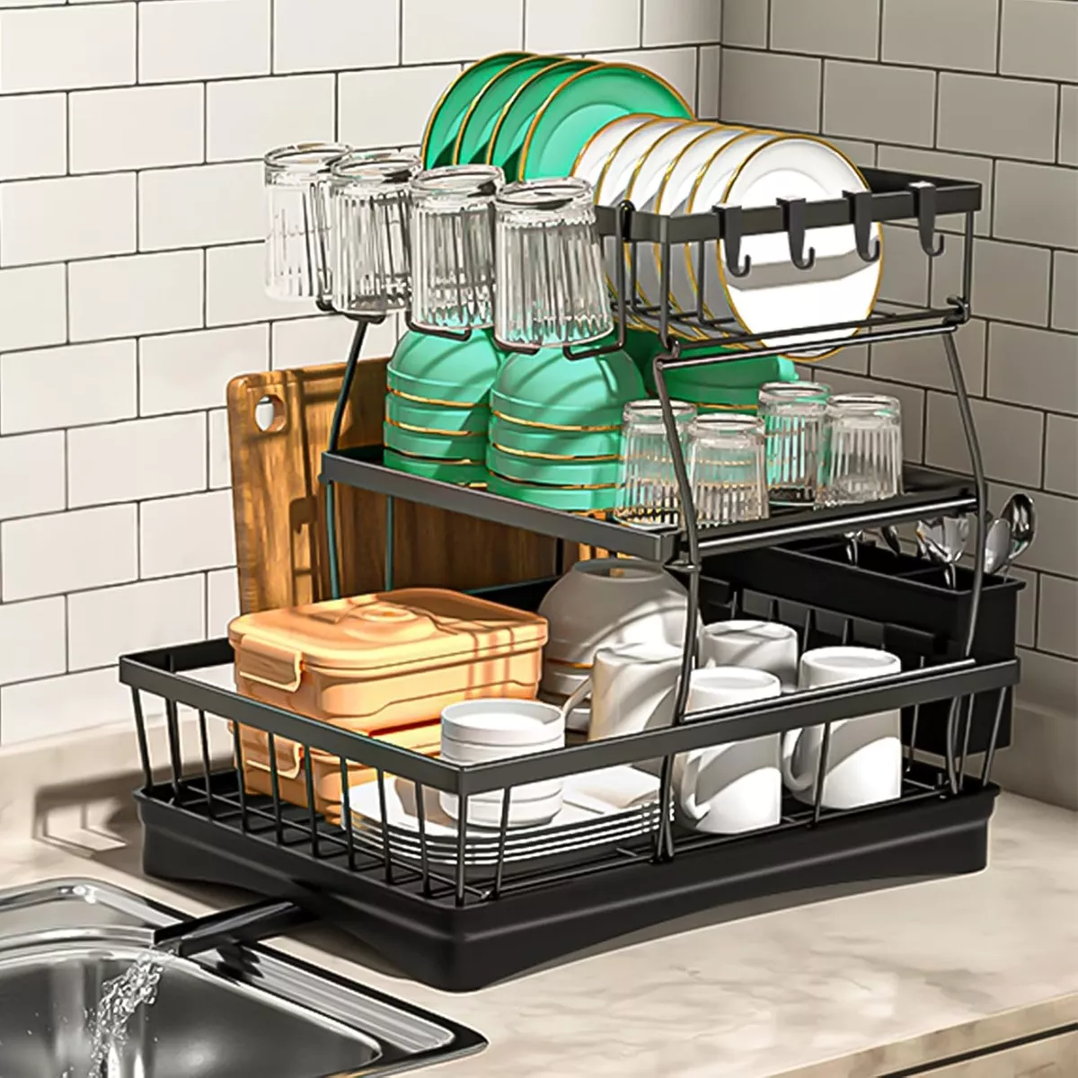 Escurridor Para Platos 3 Niveles Con 360° Drenaje Automático Negro