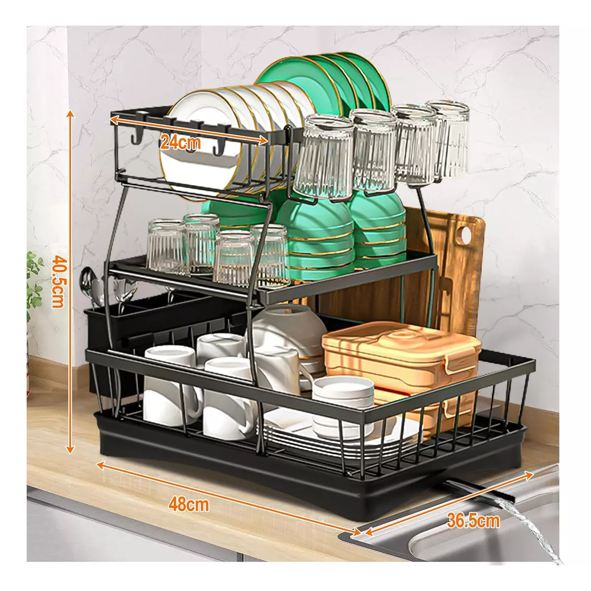 Escurridor Para Platos 3 Niveles Con 360° Drenaje Automático Negro