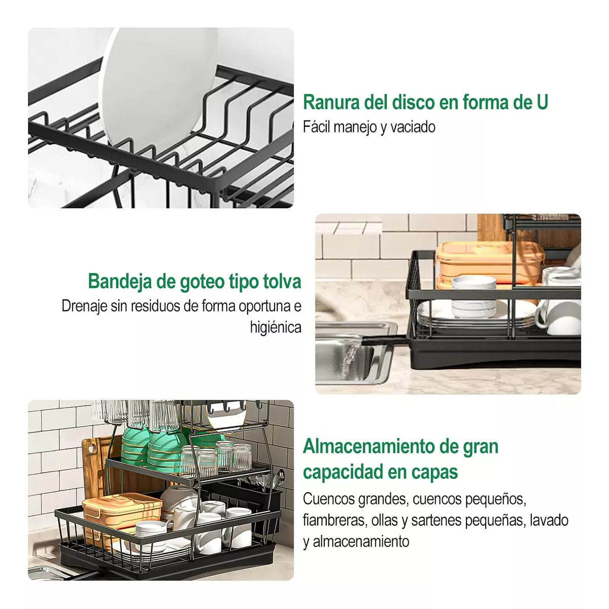 Escurridor Para Platos 3 Niveles Con 360° Drenaje Automático Negro