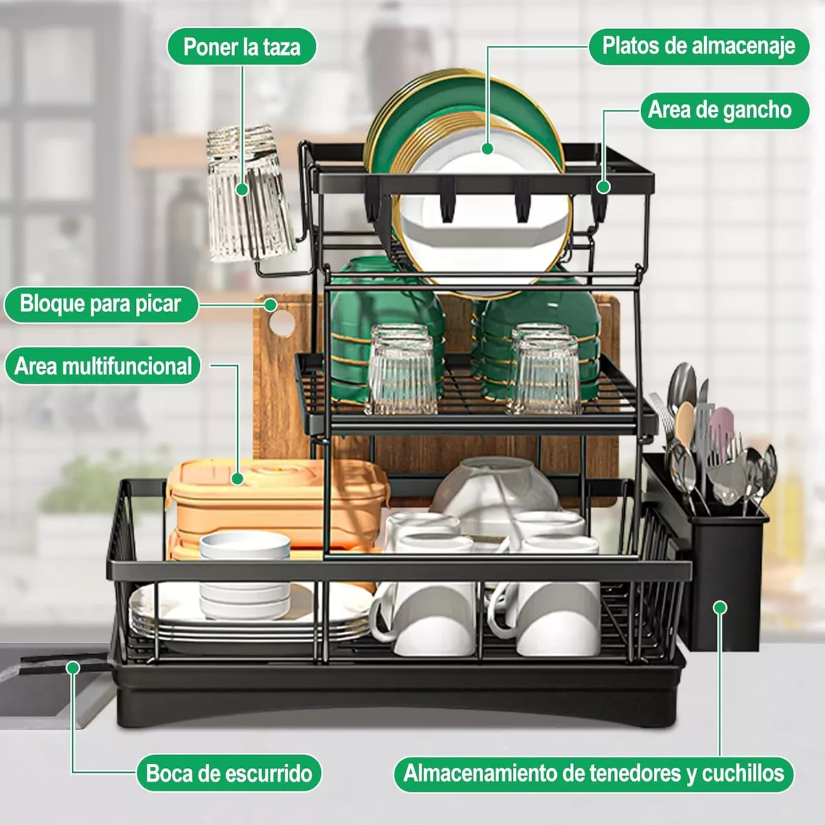 Escurridor Para Platos 3 Niveles Con 360° Drenaje Automático Negro