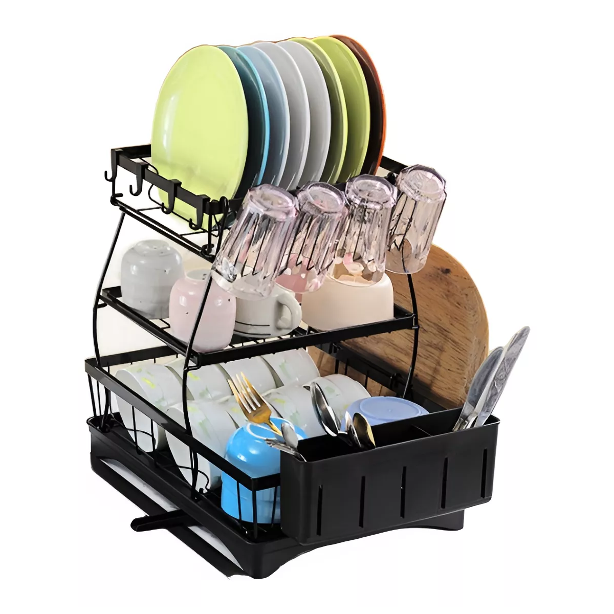 Escurridor Para Platos 3 Niveles Con 360° Drenaje Automático Negro