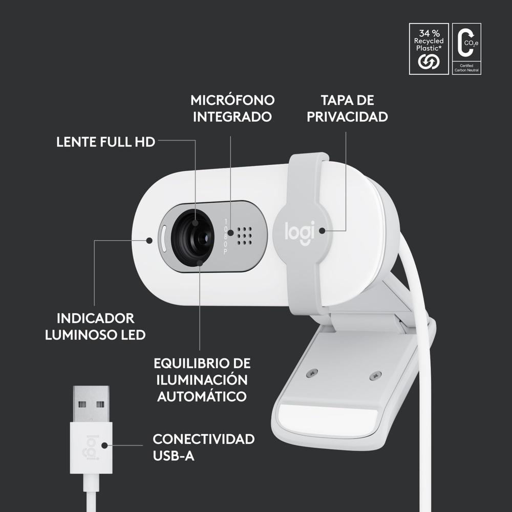 Logitech Webcam Brio 100 2m 1920x1080 Pixeles Usb-a Blanco