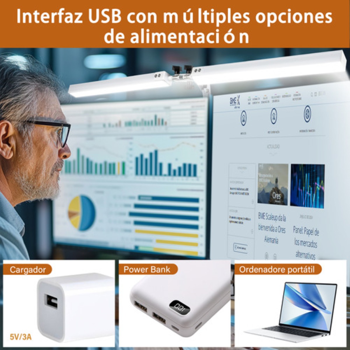Lámpara De Escritorio Led Doble Brazo Oficina Usb Blanco