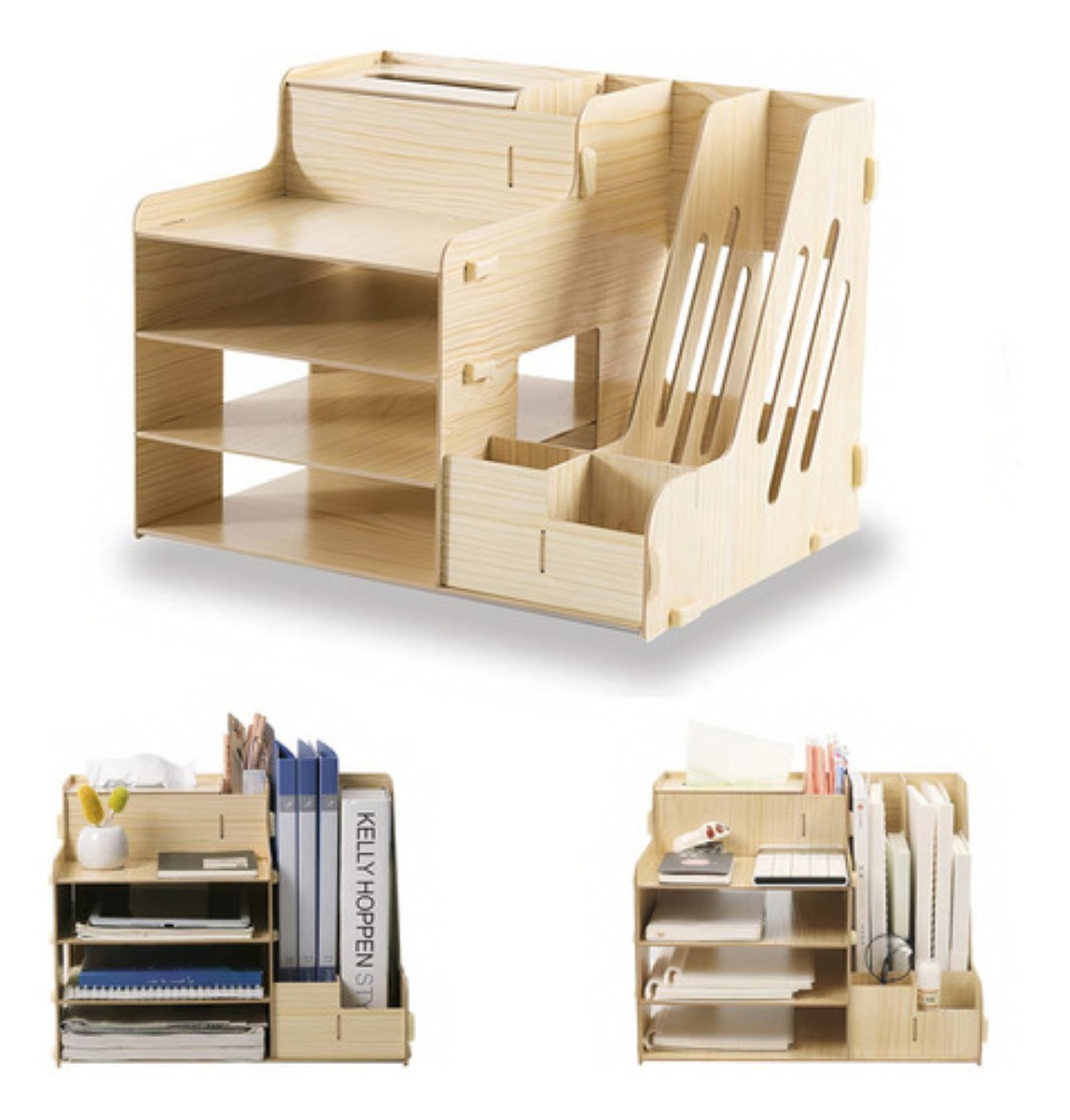 Organizador De Escritorio Para Oficina Hogar Armable Madera Claro