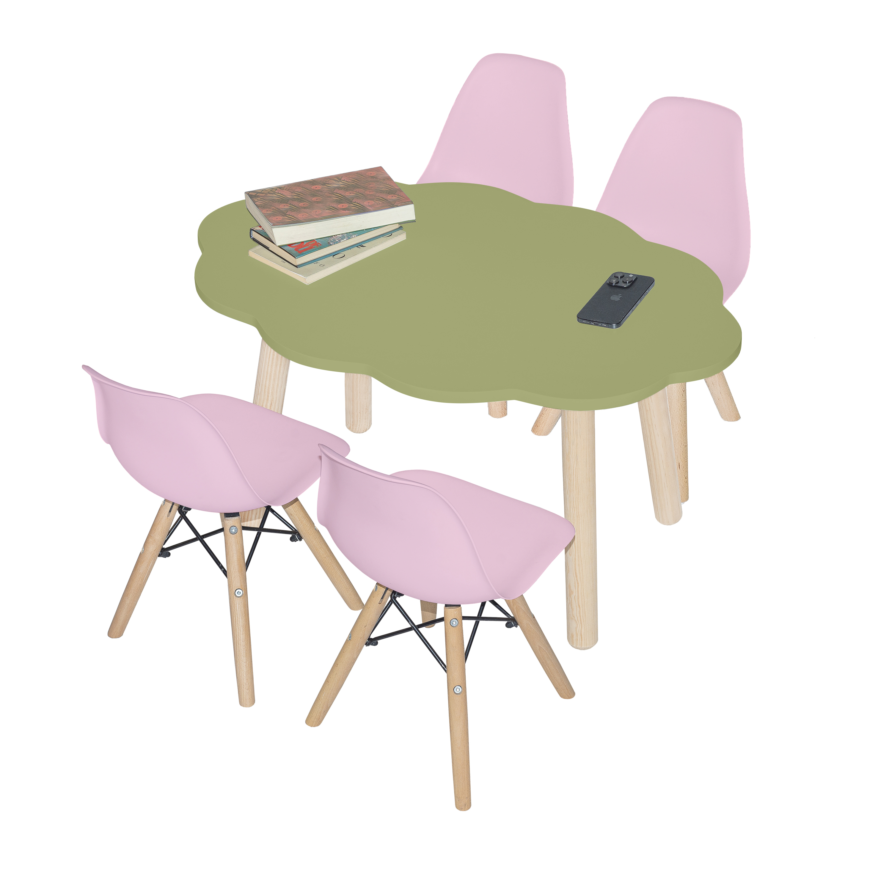 Mesa Infantil Y 4 Sillas De Colores Para Niños  (Verde/Rosa)