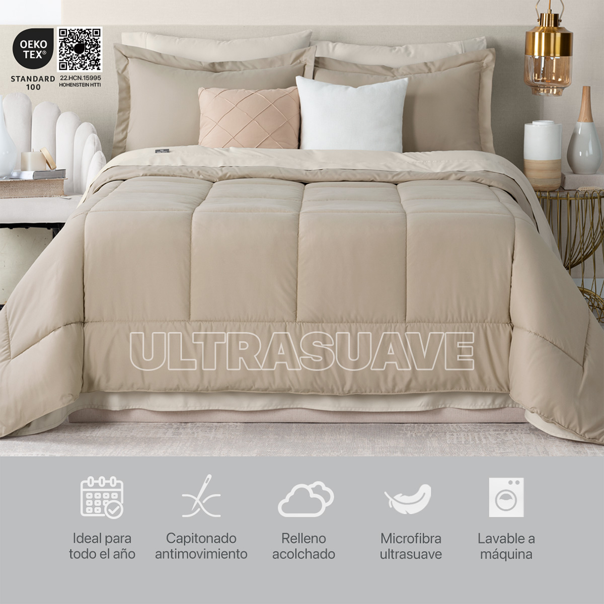 Set Edredón Individual con Fundas y Sábanas 5 Pzas Khaki / Beige Real Textil.