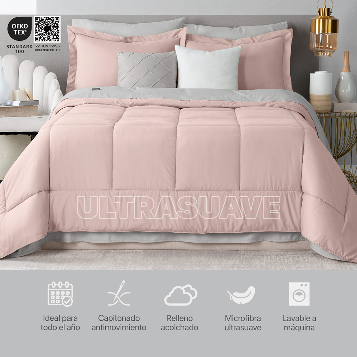 Set Edredón Queen Size con Fundas y Sábanas 7 Pzas Rosa / Gris Real Textil.