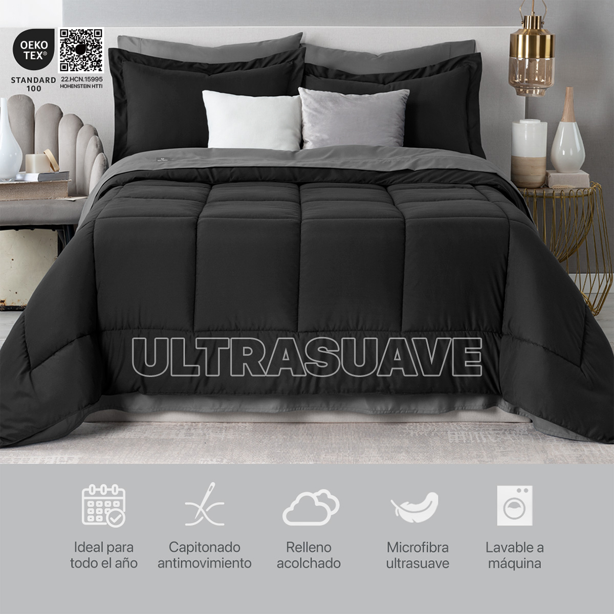 Set Edredón Matrimonial con Fundas y Sábanas 7 Pzas Negro / Gris Real Textil.