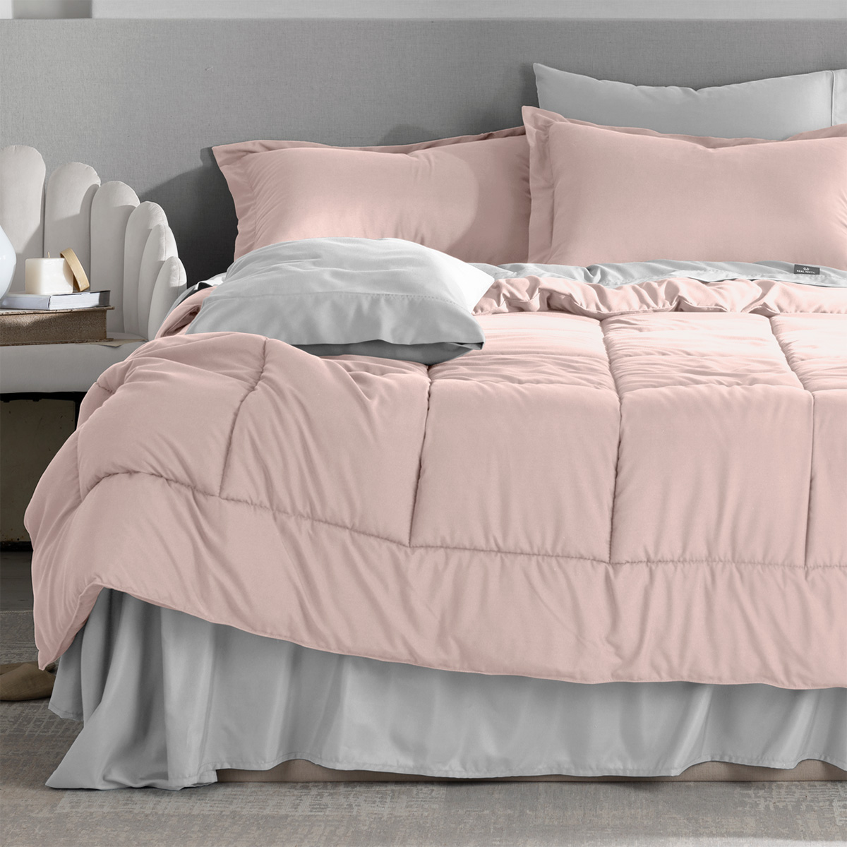 Set Edredón Queen Size con Fundas y Sábanas 7 Pzas Rosa / Gris Real Textil.