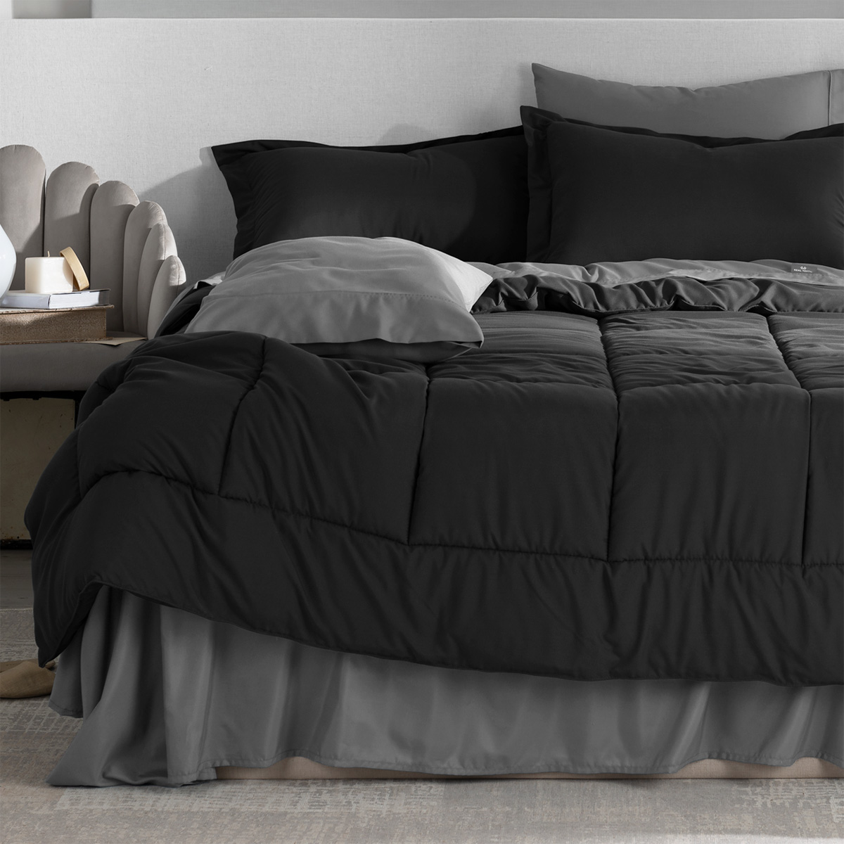Set Edredón King Size Xl con Fundas y Sábanas 7 Pzas Negro / Gris Real Textil.